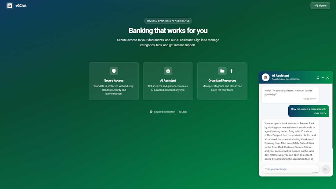 eGConnect AI assistant answering a customer in a branded chat widget