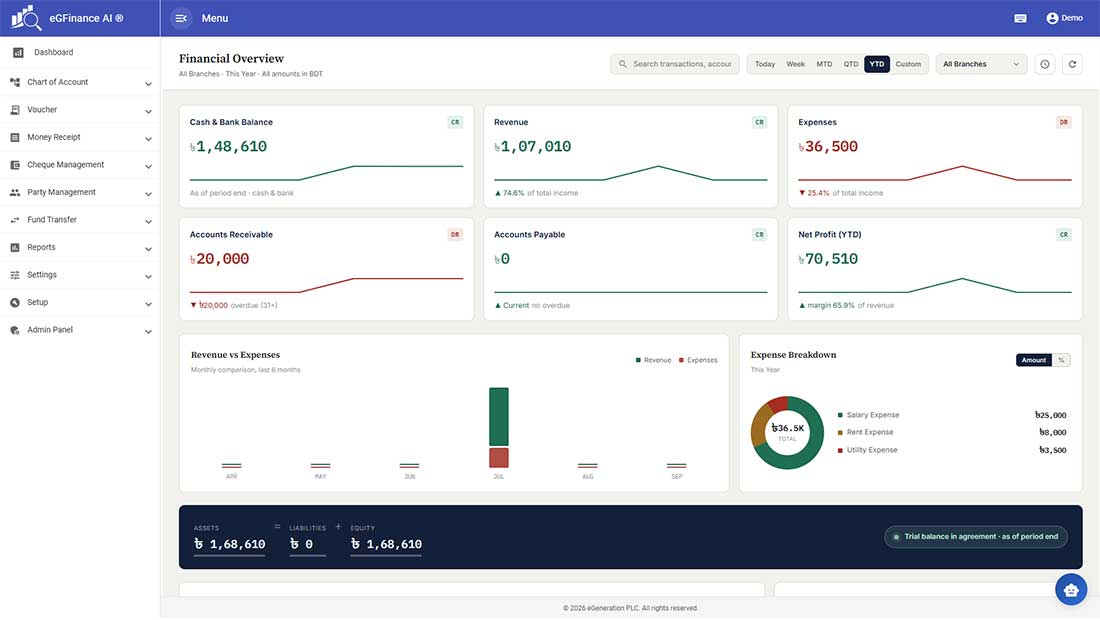 eGFinance AI dashboard with live accounting, invoicing, and cash-flow insights