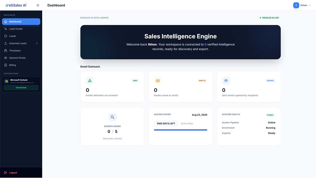 eGCRM AI dashboard with sales intelligence, outreach, and pipeline insights