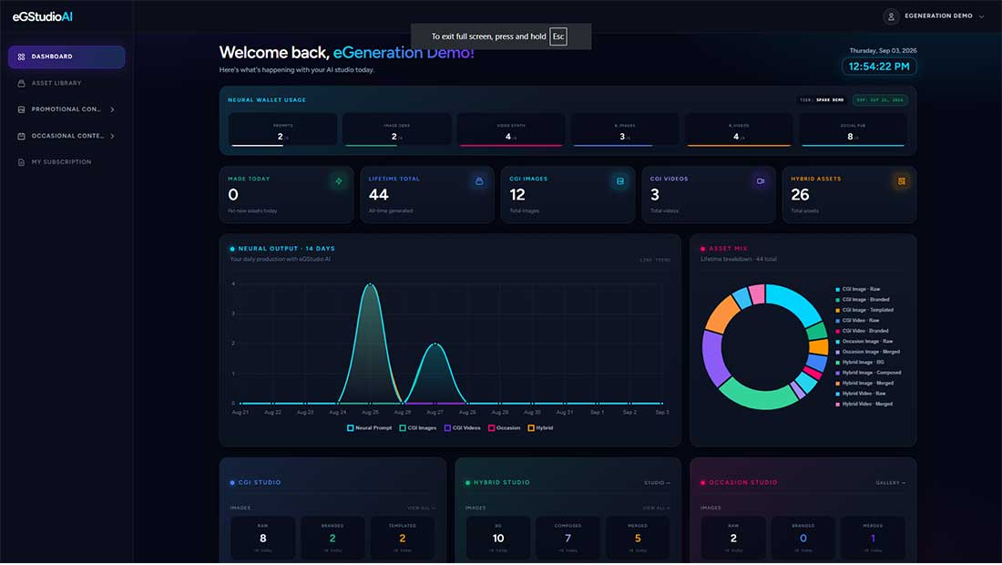 eGStudio AI dashboard with content production, CGI assets, and studio analytics
